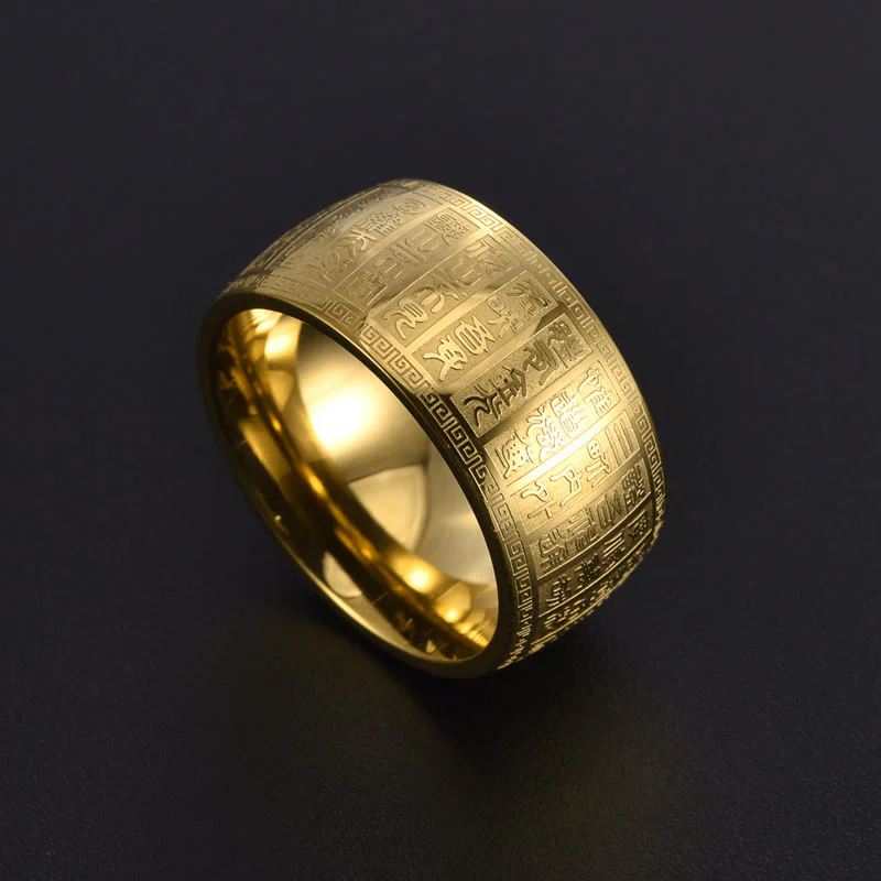 Anello in acciaio al titanio con motivo inciso Buddha Stones caratteri cinesi