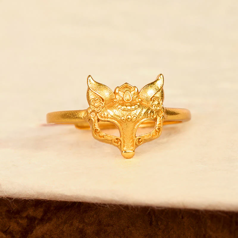 Anello in ottone placcato oro 24k con maschera di volpe e Buddha Stones - Image 3