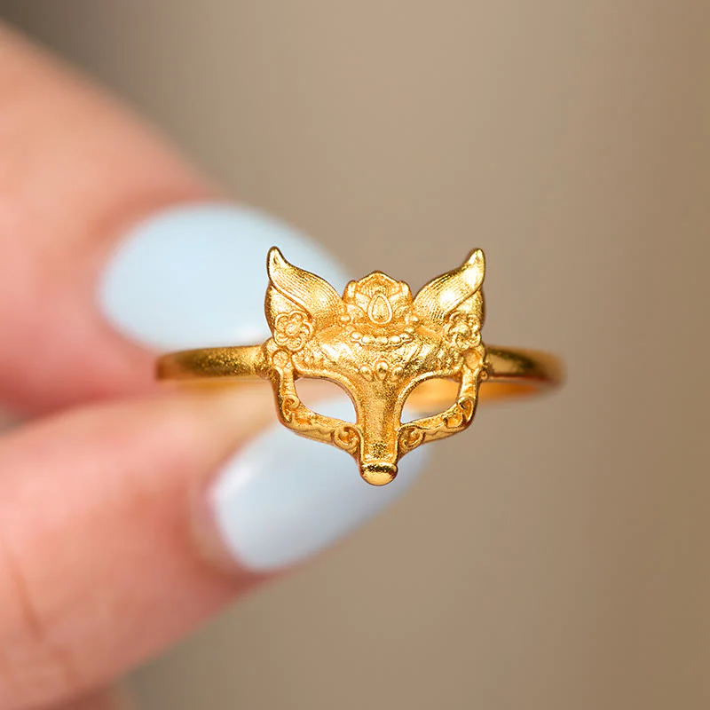 Anello in ottone placcato oro 24k con maschera di volpe e Buddha Stones - Image 4