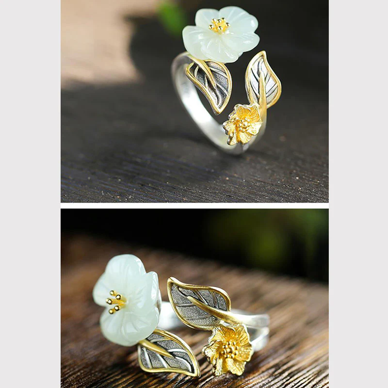 Anello portafortuna con fiore di prugna in giada bianca e rame placcato argento 925 Buddha Stones - Image 9