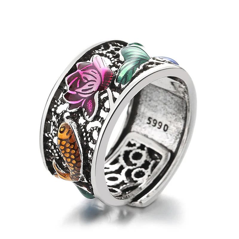 Anello portafortuna con pesce koi Buddha Stones in rame e smalto blu con cuore di loto Sutra - Image 12