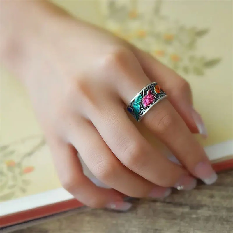 Anello portafortuna con pesce koi Buddha Stones in rame e smalto blu con cuore di loto Sutra - Image 13