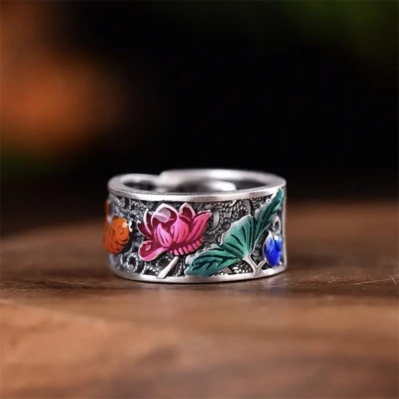 Anello portafortuna con pesce koi Buddha Stones in rame e smalto blu con cuore di loto Sutra - Image 2