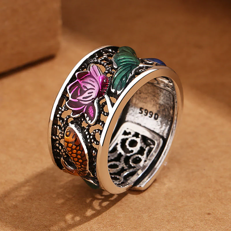 Anello portafortuna con pesce koi Buddha Stones in rame e smalto blu con cuore di loto Sutra - Image 3