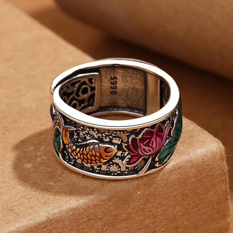 Anello portafortuna con pesce koi Buddha Stones in rame e smalto blu con cuore di loto Sutra - Image 9