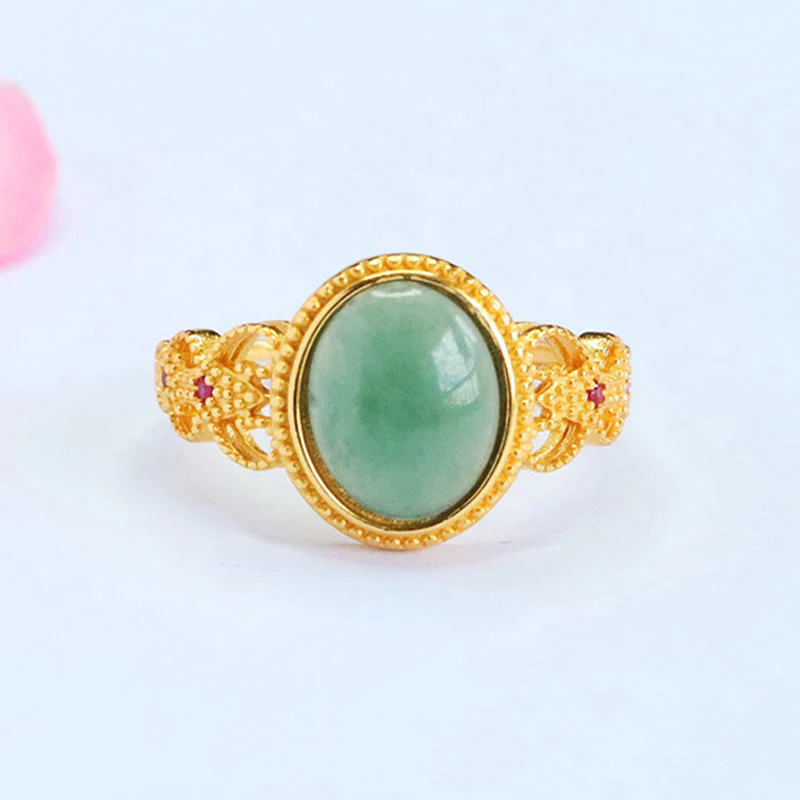 Anello portafortuna in giada con design cavo, placcato in oro e argento sterling 925 naturale Buddha Stones