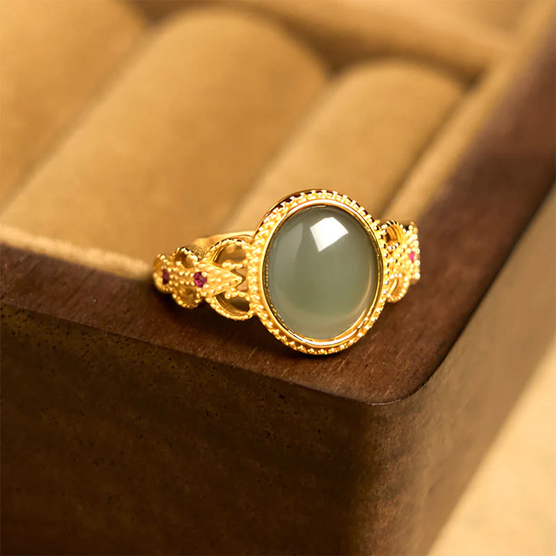 Anello portafortuna in giada con design cavo, placcato in oro e argento sterling 925 naturale Buddha Stones - Image 11
