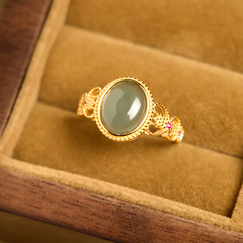 Anello portafortuna in giada con design cavo, placcato in oro e argento sterling 925 naturale Buddha Stones - Image 12
