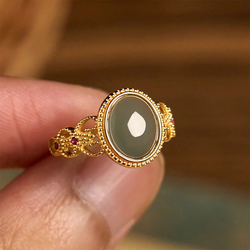 Anello portafortuna in giada con design cavo, placcato in oro e argento sterling 925 naturale Buddha Stones - Image 14