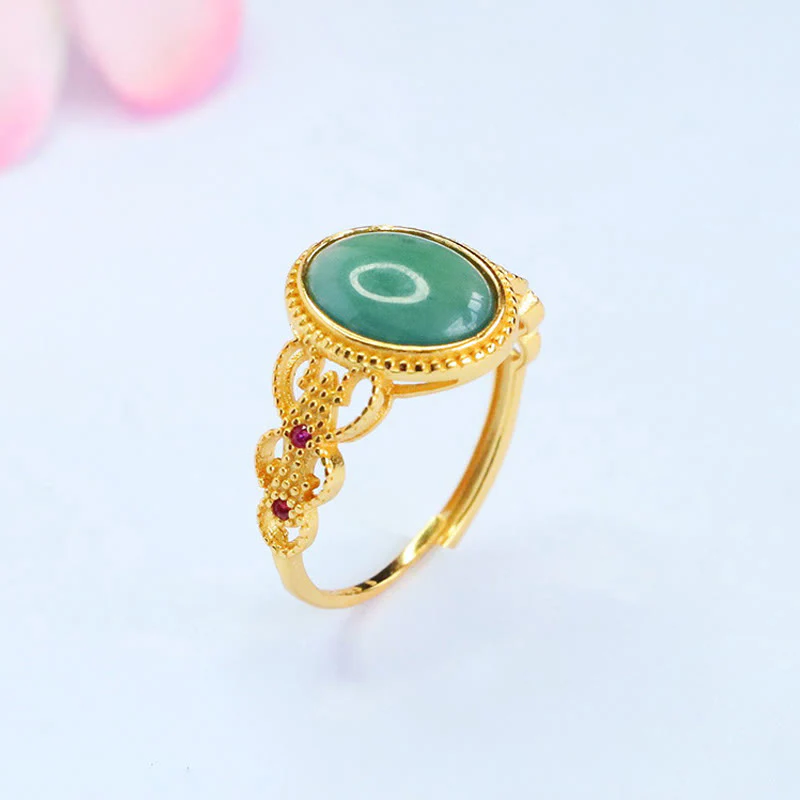 Anello portafortuna in giada con design cavo, placcato in oro e argento sterling 925 naturale Buddha Stones - Image 5