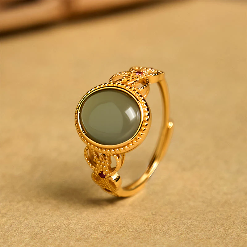 Anello portafortuna in giada con design cavo, placcato in oro e argento sterling 925 naturale Buddha Stones - Image 9