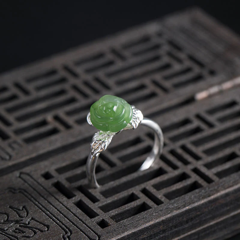 Anello regolabile Buddha Stones 925 Sterling Silver Jade Green Rose Luck - Image 4