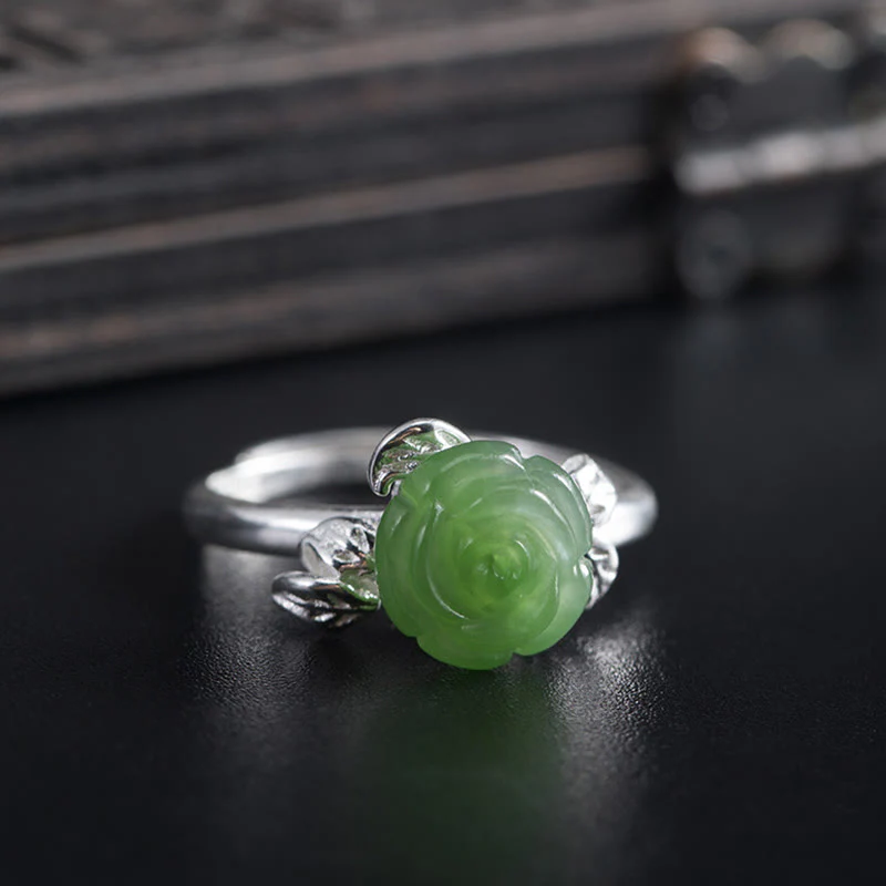 Anello regolabile Buddha Stones 925 Sterling Silver Jade Green Rose Luck - Image 5