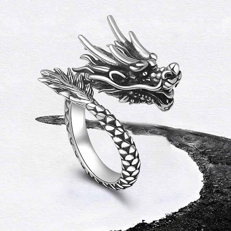 Anello regolabile Buddha Stones 990 Sterling Silver Vintage Dragon Design Luck Protection Strength - Image 5