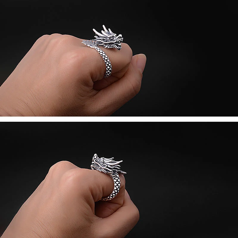 Anello regolabile Buddha Stones 990 Sterling Silver Vintage Dragon Design Luck Protection Strength - Image 8