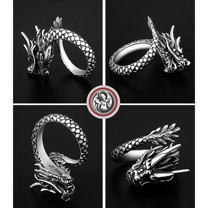 Anello regolabile Buddha Stones 990 Sterling Silver Vintage Dragon Design Luck Protection Strength - Image 9