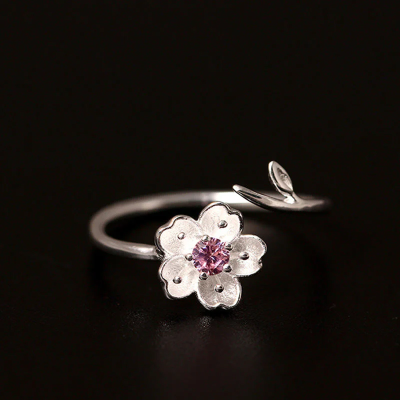 Anello regolabile Buddha Stones in argento sterling 925 con fiore di ciliegio Sakura e benedizione