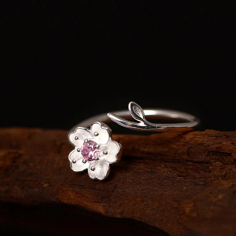 Anello regolabile Buddha Stones in argento sterling 925 con fiore di ciliegio Sakura e benedizione - Image 8