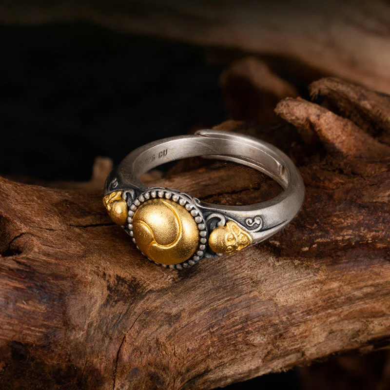 Anello regolabile Buddha Stones in argento sterling 925 placcato oro con scheletro in equilibrio - Image 4