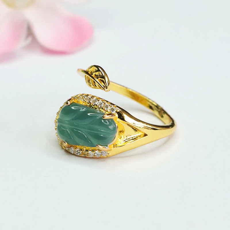 Anello regolabile Buddha Stones placcato oro foglia di giada naturale prosperità - Image 2