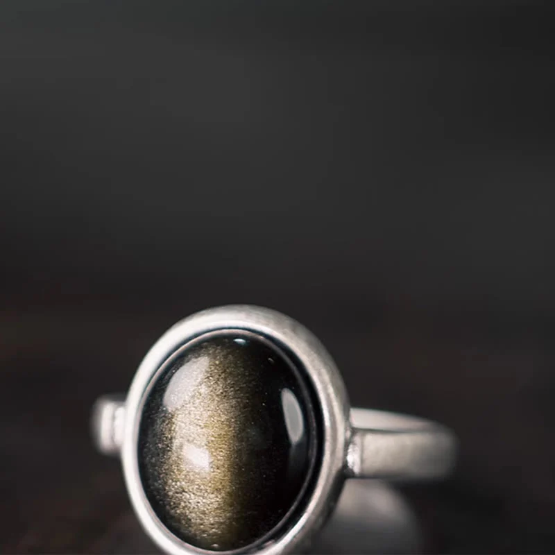 Anello regolabile con Buddha Stones in argento sterling 925 naturale con ossidiana e lucentezza dorata - Image 3
