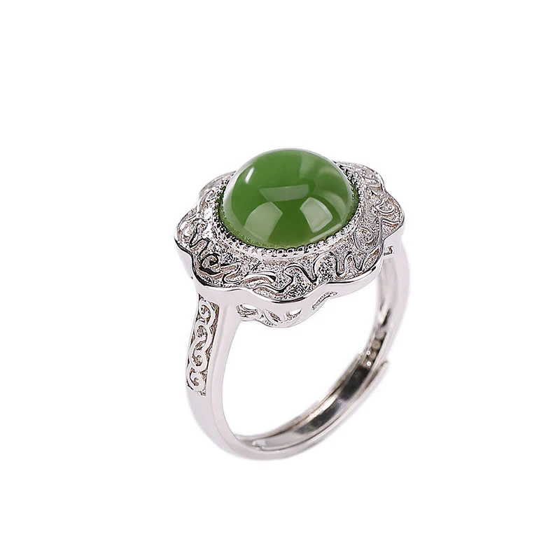 Anello regolabile con design a forma di fiore in giada ciano Hetian in argento sterling 925 Buddha Stones - Image 6