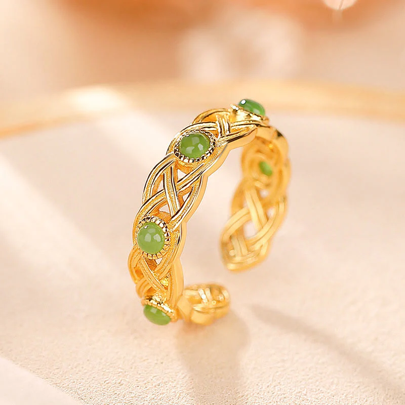Anello regolabile con design intrecciato in giada ciano placcato in argento sterling 925 con Buddha Stones e fortuna - Image 2