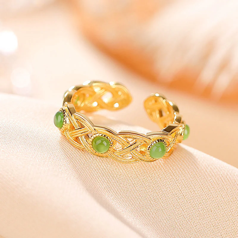 Anello regolabile con design intrecciato in giada ciano placcato in argento sterling 925 con Buddha Stones e fortuna - Image 3