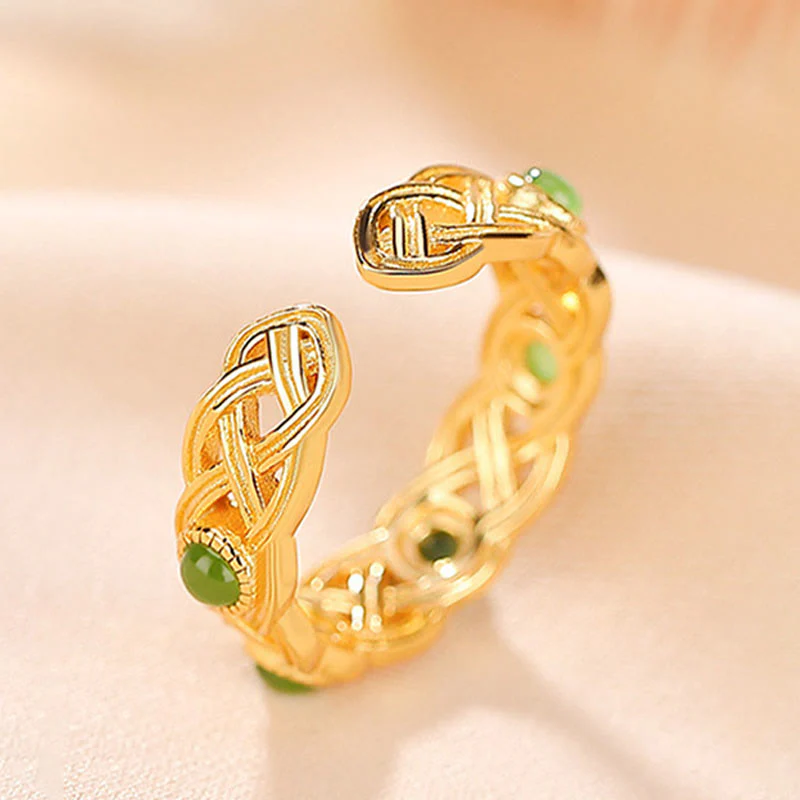 Anello regolabile con design intrecciato in giada ciano placcato in argento sterling 925 con Buddha Stones e fortuna - Image 4