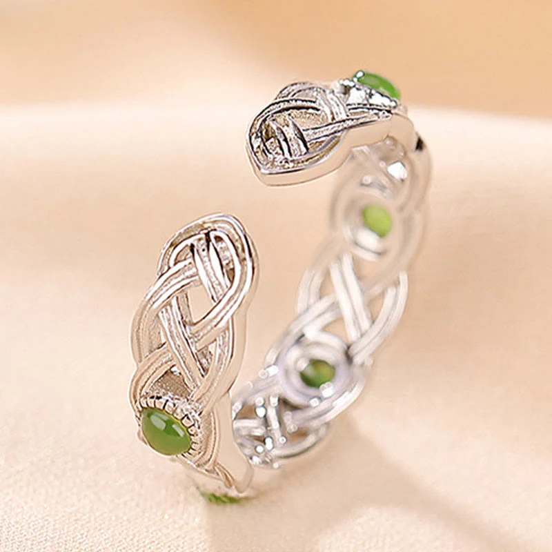 Anello regolabile con design intrecciato in giada ciano placcato in argento sterling 925 con Buddha Stones e fortuna - Image 9