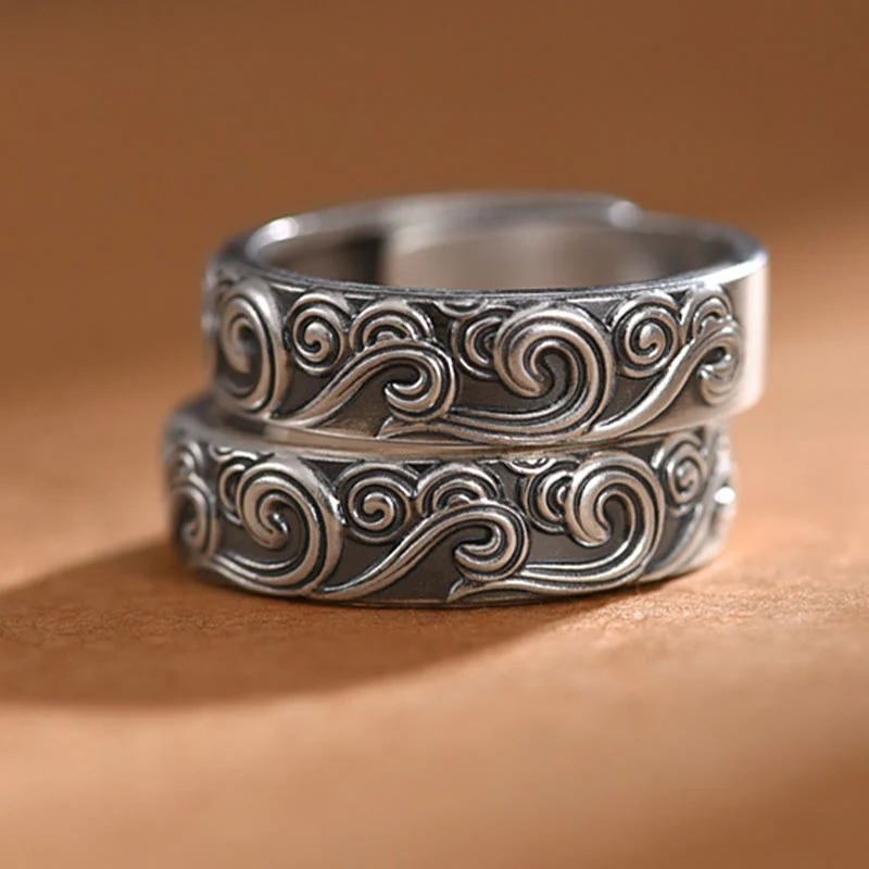 Anello regolabile con incisione e benedizione Buddha Stones in argento sterling 999 con nuvole di buon auspicio - Image 13