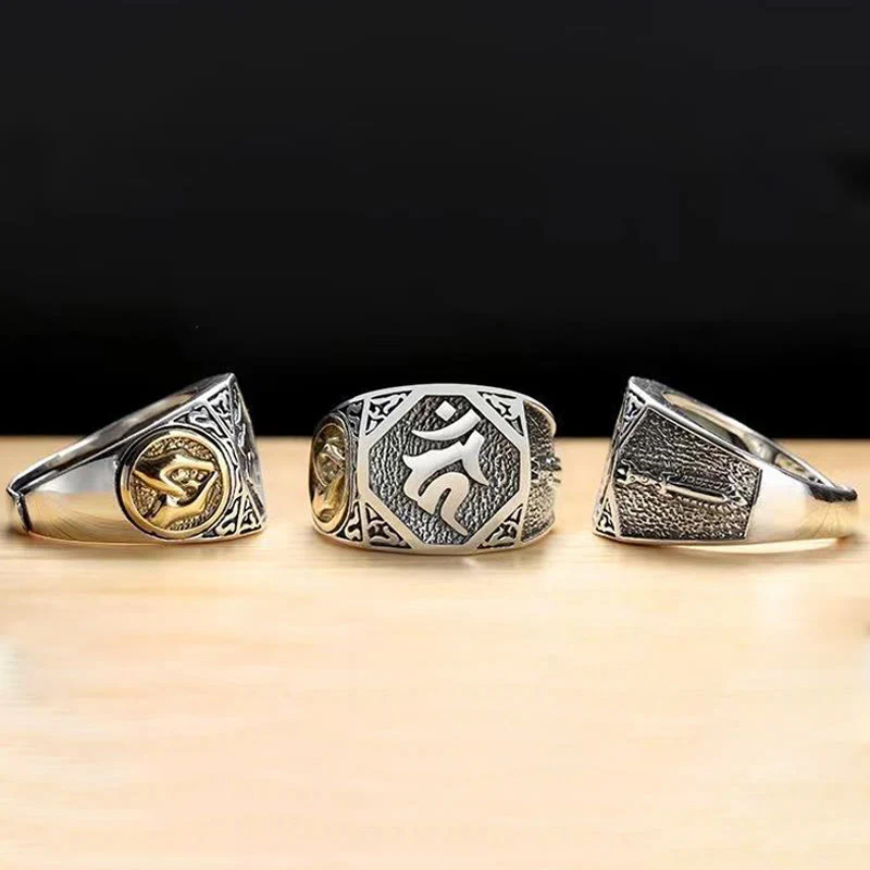 Anello regolabile con protezione intagliata in argento sterling 925 con design sanscrito Buddha Stones - Image 13