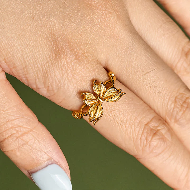 Anello regolabile con simbolo della farfalla in ottone placcato oro 24k Buddha Stones - Image 11
