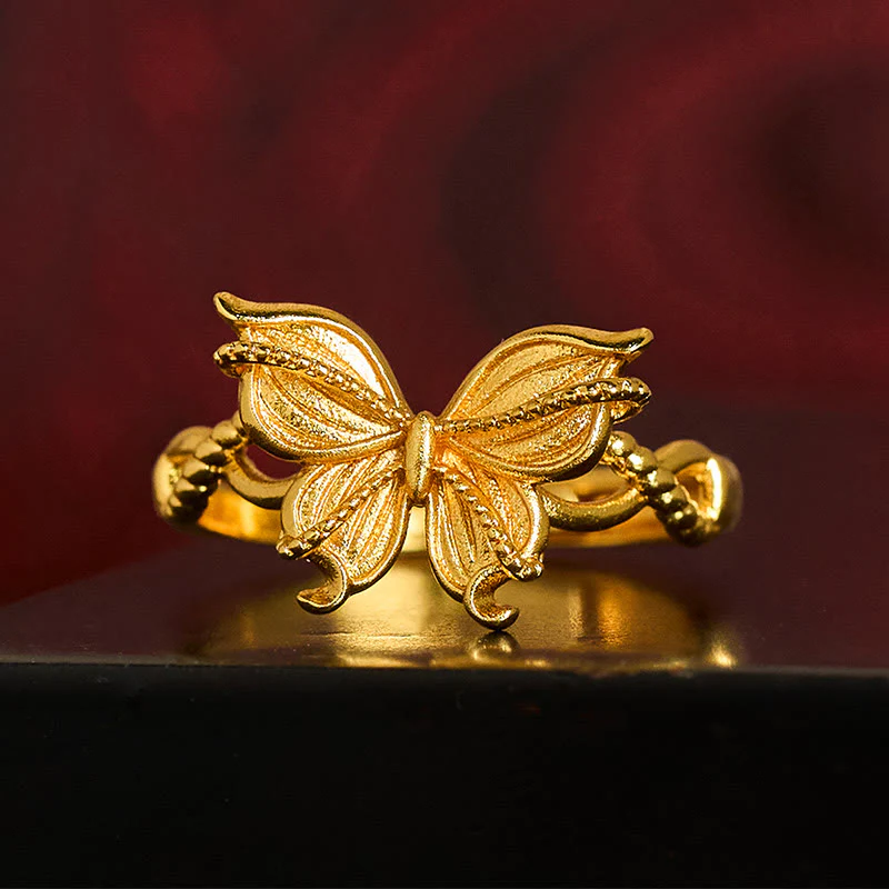 Anello regolabile con simbolo della farfalla in ottone placcato oro 24k Buddha Stones - Image 3