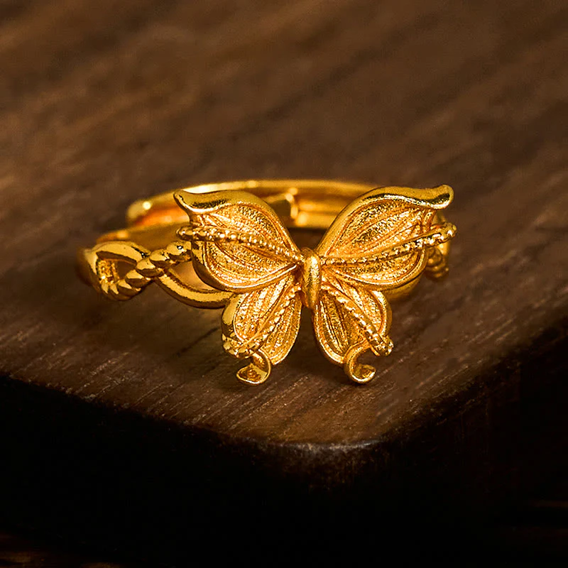 Anello regolabile con simbolo della farfalla in ottone placcato oro 24k Buddha Stones - Image 4