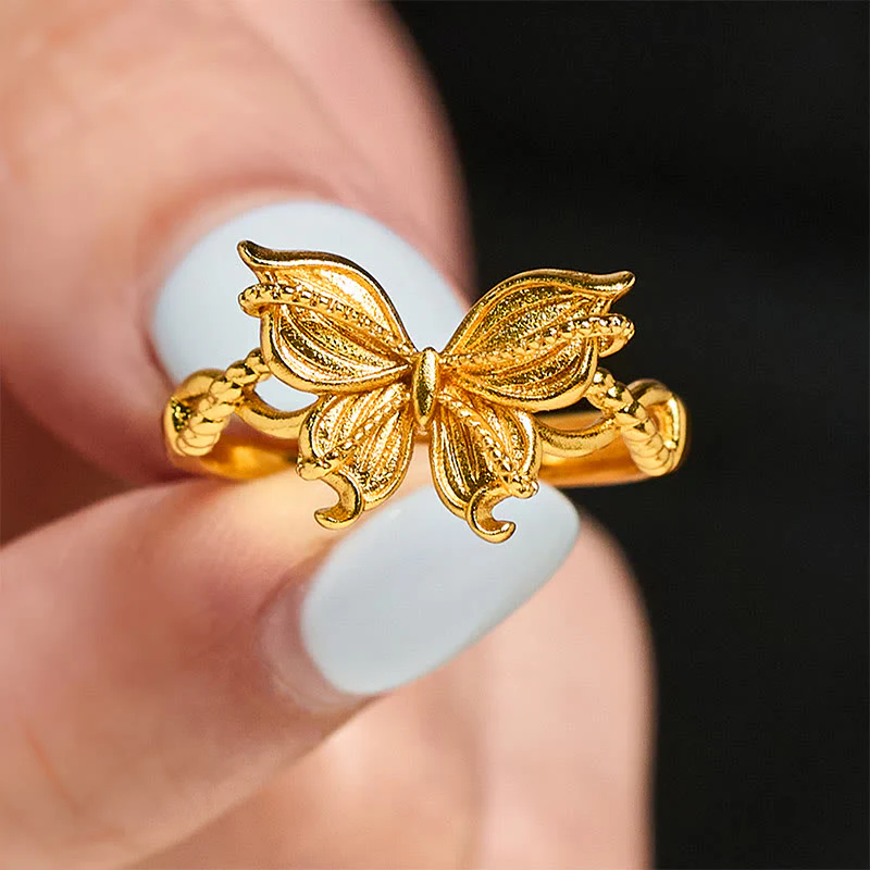 Anello regolabile con simbolo della farfalla in ottone placcato oro 24k Buddha Stones - Image 5