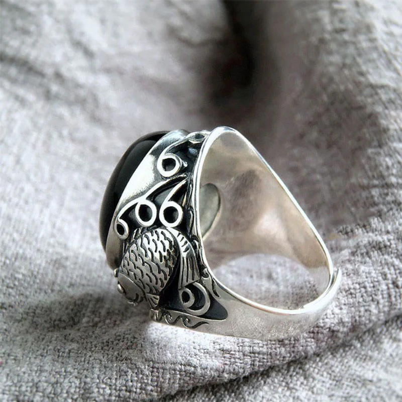 Anello regolabile con simbolo di forza del pesce koi in ossidiana nera Buddha Stones - Image 2