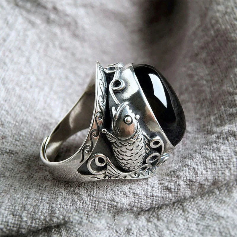 Anello regolabile con simbolo di forza del pesce koi in ossidiana nera Buddha Stones - Image 3