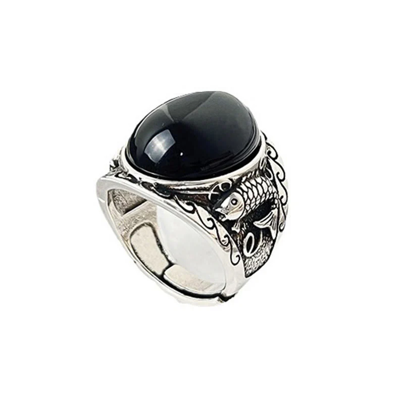 Anello regolabile con simbolo di forza del pesce koi in ossidiana nera Buddha Stones - Image 4
