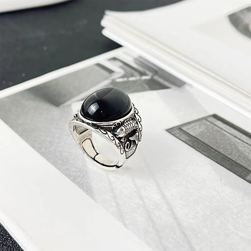 Anello regolabile con simbolo di forza del pesce koi in ossidiana nera Buddha Stones - Image 9