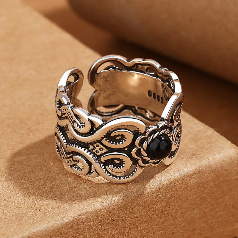 Anello regolabile della fortuna con motivo mongolo in onice nero e rame di Buddha Stones - Image 3