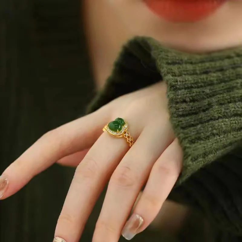 Anello regolabile in oro placcato rame con Buddha Stones, zucca vintage, calcedonio verde - Image 15
