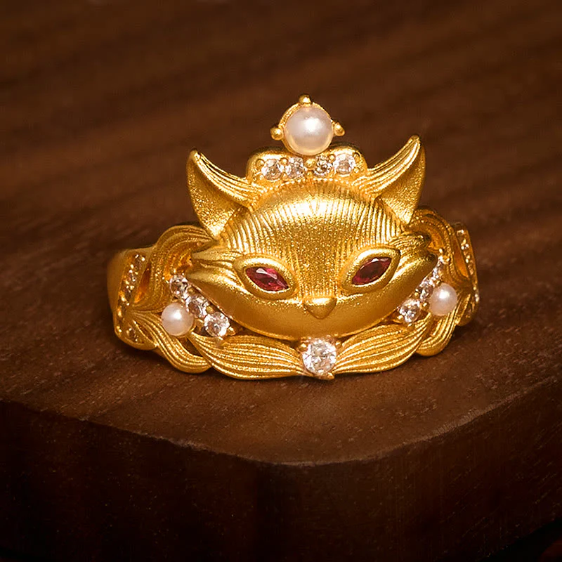 Anello regolabile in ottone placcato oro 24k con testa di volpe Buddha Stones - Image 2
