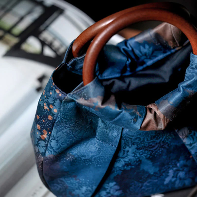 Borsa a mano con manico in legno blu con fiori in jacquard fatti a mano Buddha Stones - Image 5