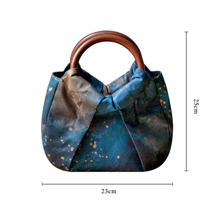 Borsa a mano con manico in legno blu con fiori in jacquard fatti a mano Buddha Stones - Image 9