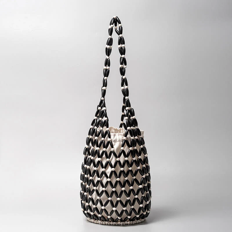 Borsa a tracolla a secchiello con perline di legno intrecciate a mano , Buddha Stones