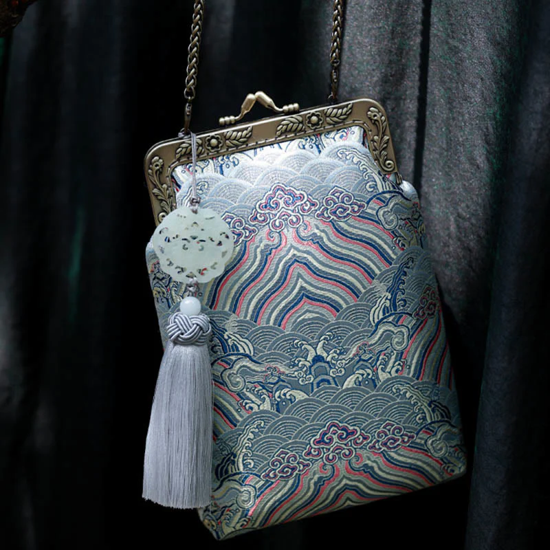 Borsa a tracolla con catena in metallo e onde blu dell'oceano, borsa a tracolla per cellulare, Buddha Stones - Image 9