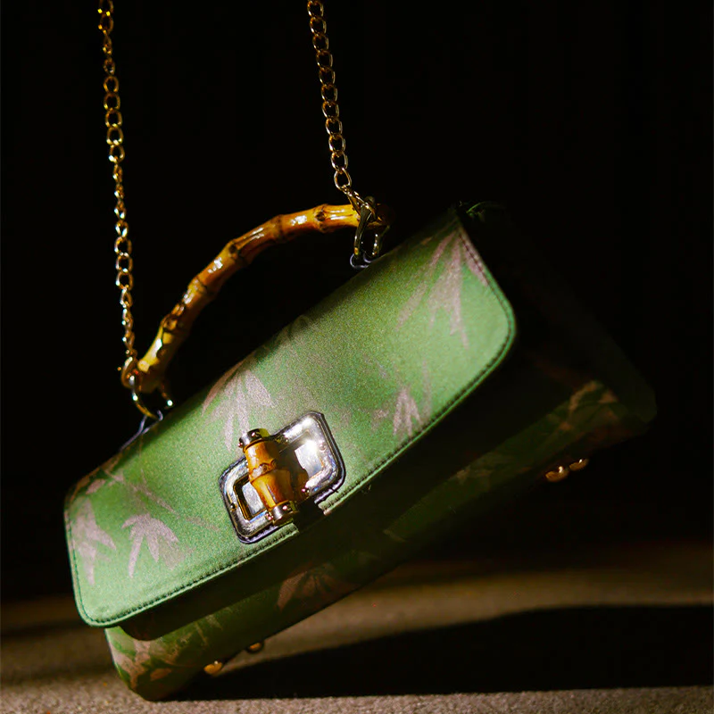 Borsa a tracolla con catena in metallo, manico in bambù , Buddha Stones, foglie, rami