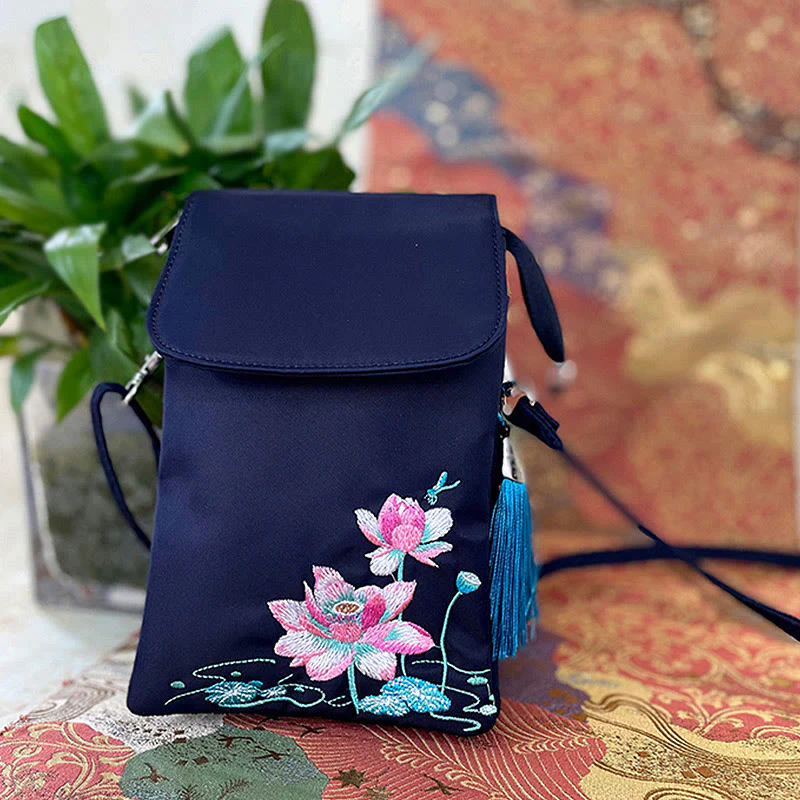 Borsa a tracolla con fiori di loto ricamati a mano, impermeabile , Buddha Stones , borsa per cellulare - Image 22