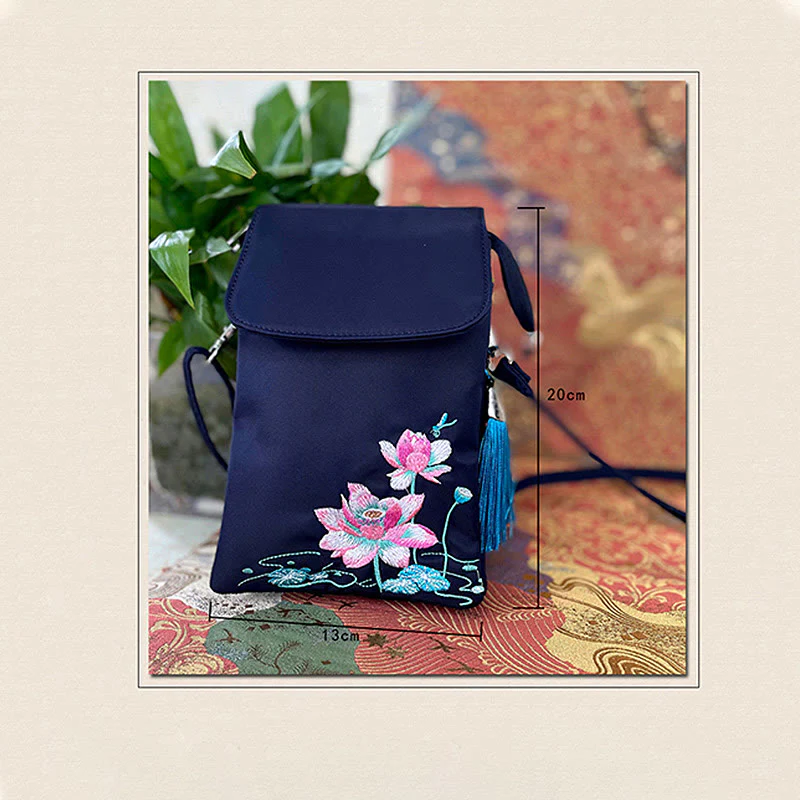 Borsa a tracolla con fiori di loto ricamati a mano, impermeabile , Buddha Stones , borsa per cellulare - Image 23